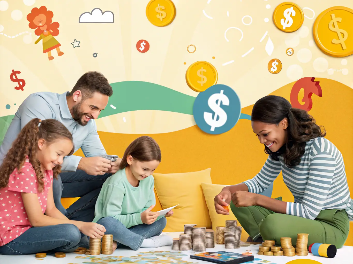 A family is playing the 'Money Management Board Game' on a table, with colorful game pieces and a vibrant game board. The scene is lively and interactive, highlighting the fun and educational aspects of the game.