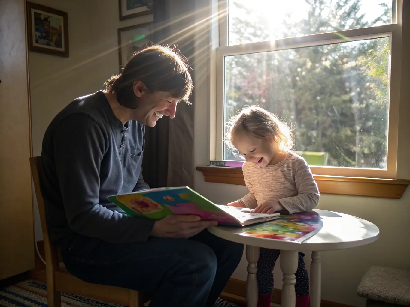 A parent and child are reading the 'Financial Literacy E-Book for Kids' together, with colorful illustrations of coins and piggy banks visible on the pages. The scene is warm and inviting, emphasizing the importance of early financial education.